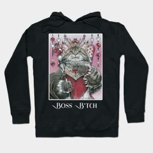 Queen of Hearts Cat - Boss B*tch - White Outlined Version Hoodie